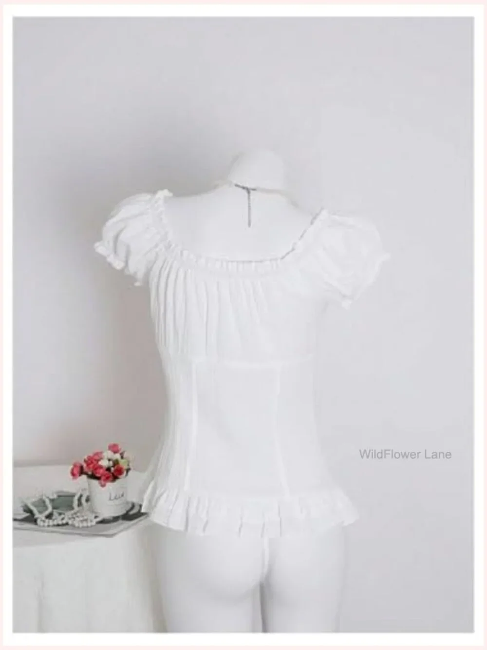 Frill Trim Button Down Shirt Puff Sleeve Tie Front Blouse - Picture 2 of 5